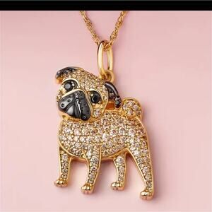 Gold Tone Pug Rhinestone Dog Pendant Necklace Round Link Puppy Pet Soft Girl